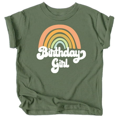

Retro Rainbow Birthday Girl Colorful Shirts for Baby and Toddler Girls Birthday Outfits Military Green Shirt