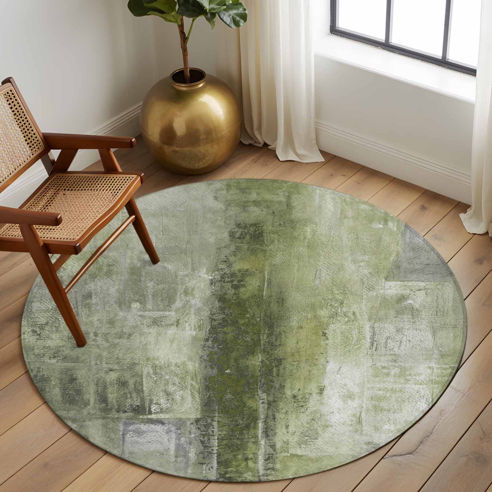 Sage Green Round Area Rug 5 FT, Non Slip Bedroom Area Rug, Retro Oil Painting Modern Abstract Art Aesthetics Washable Soft Circular Carpet Floor Mat for Kitchen Dining Room Foyer Balcony Dorm
