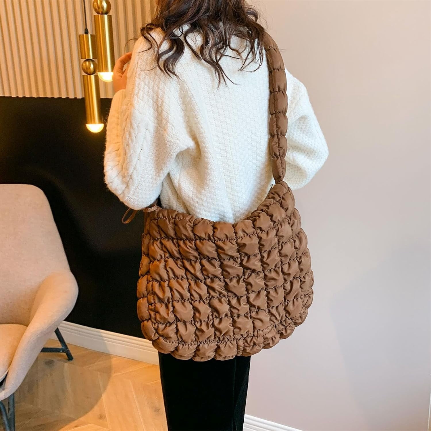 CoCoMangos Cotton Padded Shoulder Crossbody Bag for Women Large Hobos Quilted Handbag and Purses Lightweight Adjustable Shoulder Strap