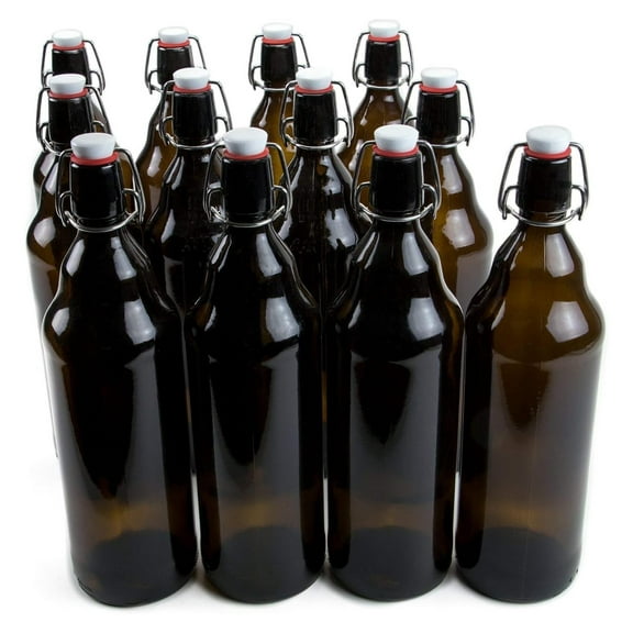 Glass Grolsch Beer Bottles (12-pack, 33.8 oz./1000 mL) Airtight Seal with Top/ Top Stoppers - Home Brewing Supplies, Fermenting of Alcohol, Kombucha Tea, Wine, Soda - Dark Amber
