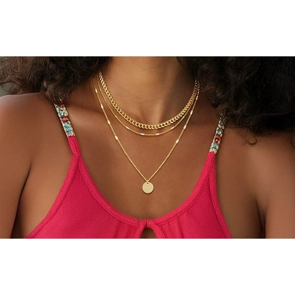 Gold Cuban Link Chain for Women, Fashionable Stacked Necklaces, Three Layers with Simple Circle Pendant, Adjustable Extender, Stylish Statement for Any Occasion