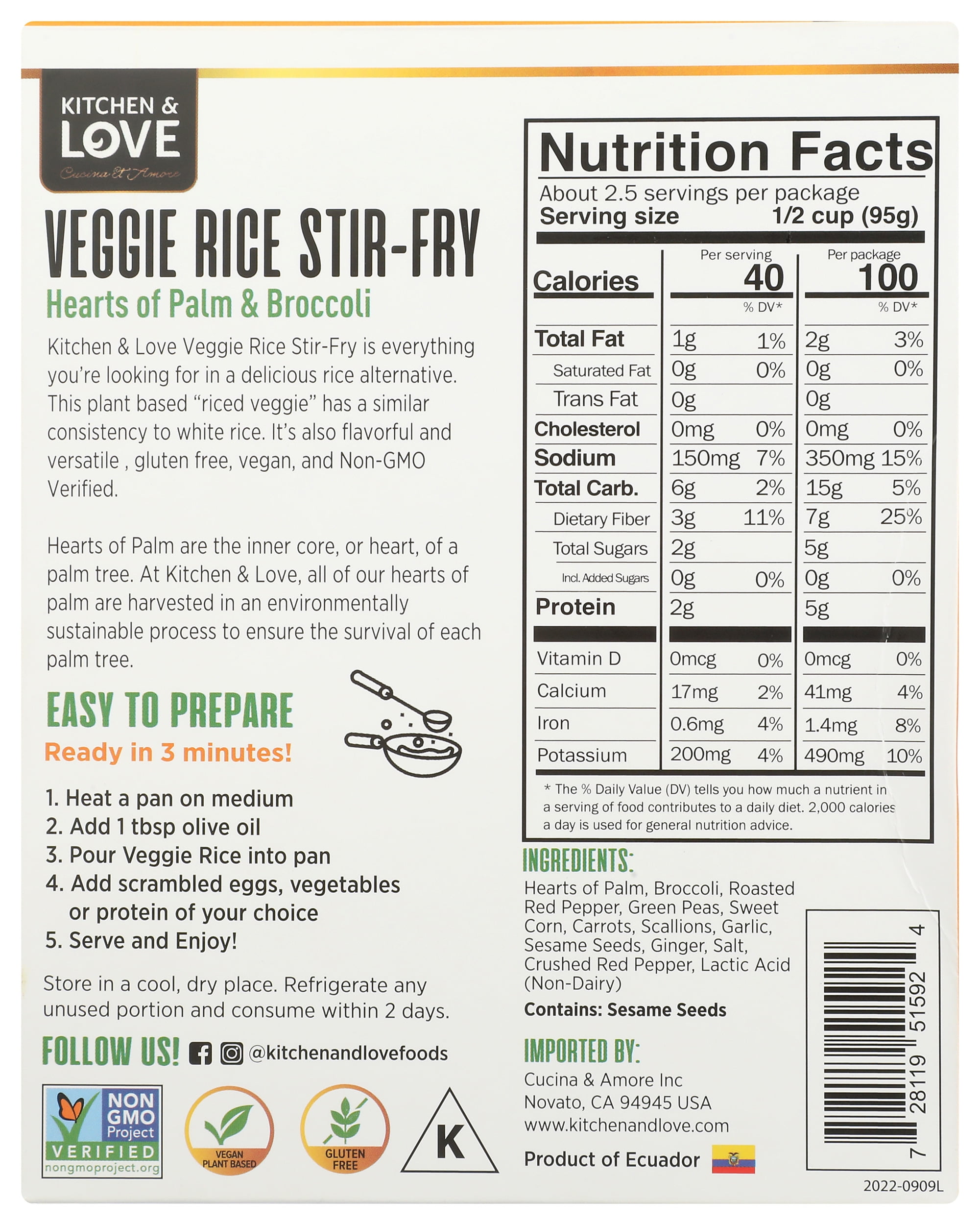 Pack of 6, Kitchen And Love Hearts of Palm Broccoli Veggie Rice Stir-Fry, 8 oz