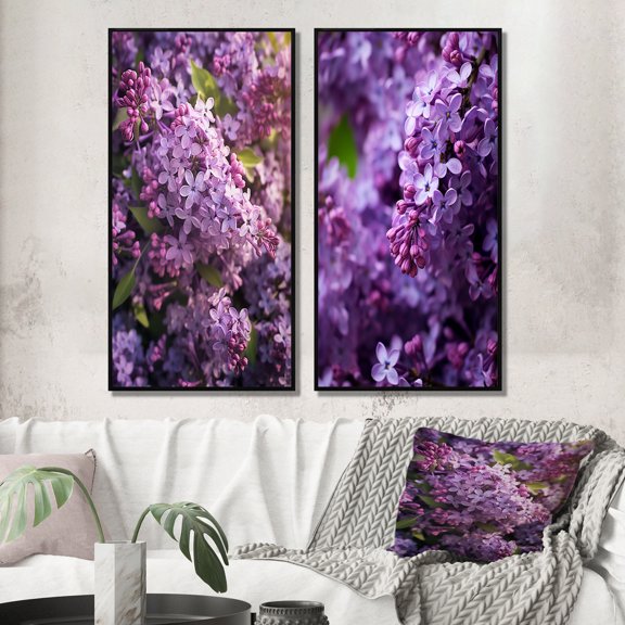 Designart "Fragrant Blossoms in Purple Lilacs V" Floral Framed Wall Art Set Of 2 - Purple Floral Framed Canvas Set For Living Room Decor