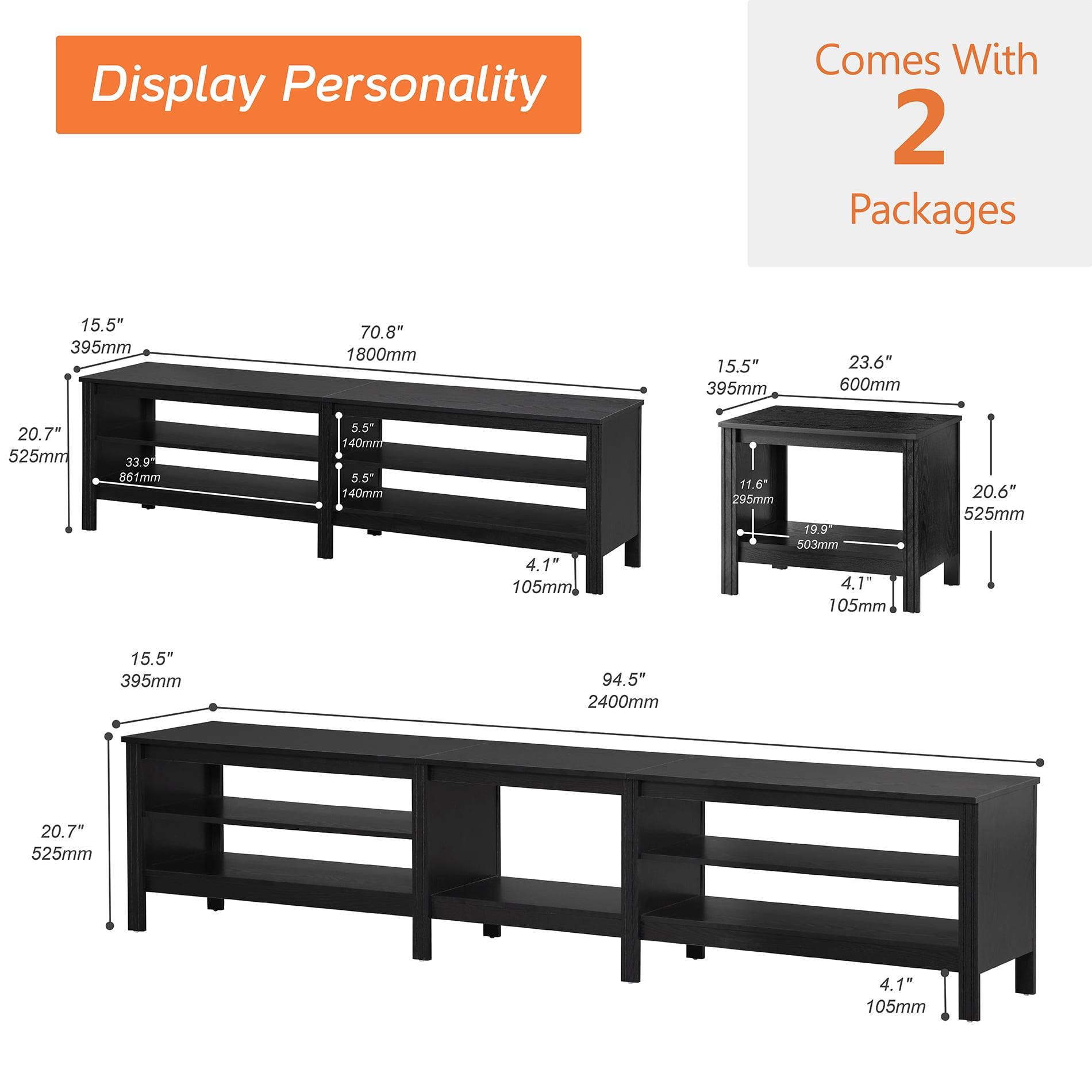 TV Stand for 85 inches Flat Screen, LED Wood Media Console Storage Cabinet Entertainment Center with 6 Open Shelves, 95 inches, Black