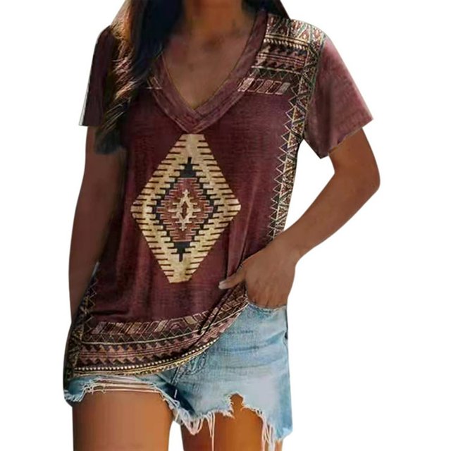 Modèle de Style Ethnique Occidental pour Femmes Imprimé V Cou T-Shirt à Manches Courtes de Style Occidental pour Femmes