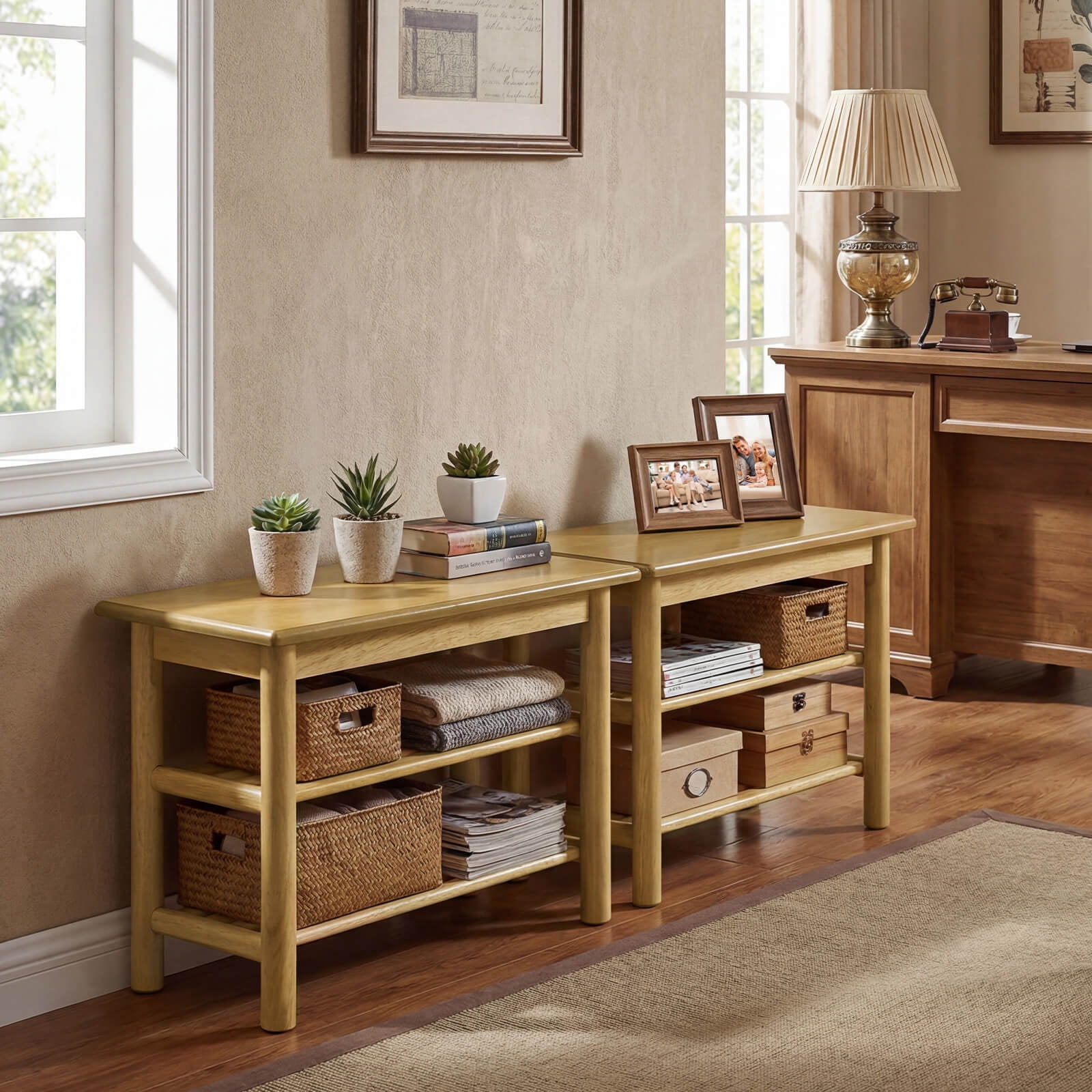 Costway Shoe Rack Bench,3-Tier Rubberwood Freestanding Shoe Changing Bench with Slat Shelve