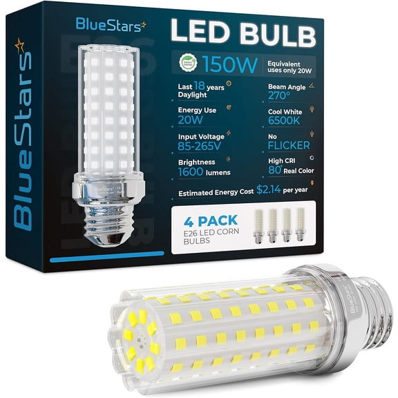 LED Corn Light Bulbs 150W Equivalent Super Bright, 1600 lumens, 20W E26 Base 6500K Daylight White, Non-dimmable for Home Garage Warehouse Commercial & Large Area Lighting, 4 Packs