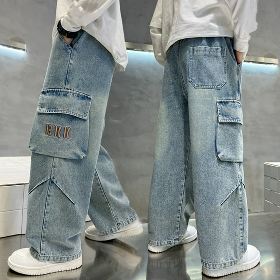 Teen Boys Baggy Jeans Baggy Cargo Pants Elastic High Waisted Straight with Pocket Loose Fit Pull-On Boys 11-12 Years Clothes