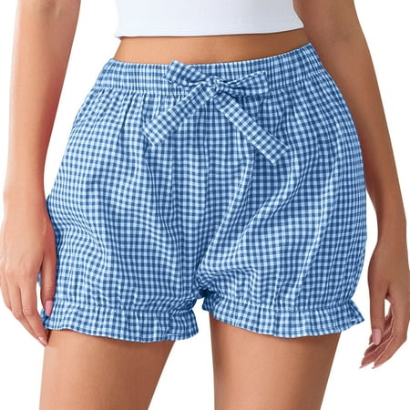 Arnsht Women s Summer Y2k Gingham Boxer Shorts Loose Fit Low Rise Ruffle Trim Lounge Bloomers Cute Bow Plaid Shorts Blue L