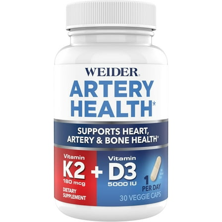 Weider Artery Health - Artery Flexibility & Heart Health - With Vitamin K2, D3 & Ginger - Bone & Immune Support* - Gluten Free & Vegan - 30 Veggie Capsules