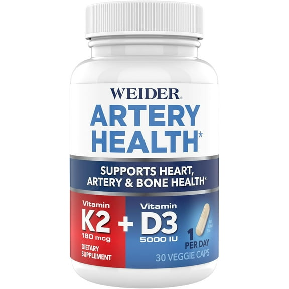 Weider Artery Health - Artery Flexibility & Heart Health - With Vitamin K2, D3 & Ginger - Bone & Immune Support* - Gluten Free & Vegan - 30 Veggie Capsules