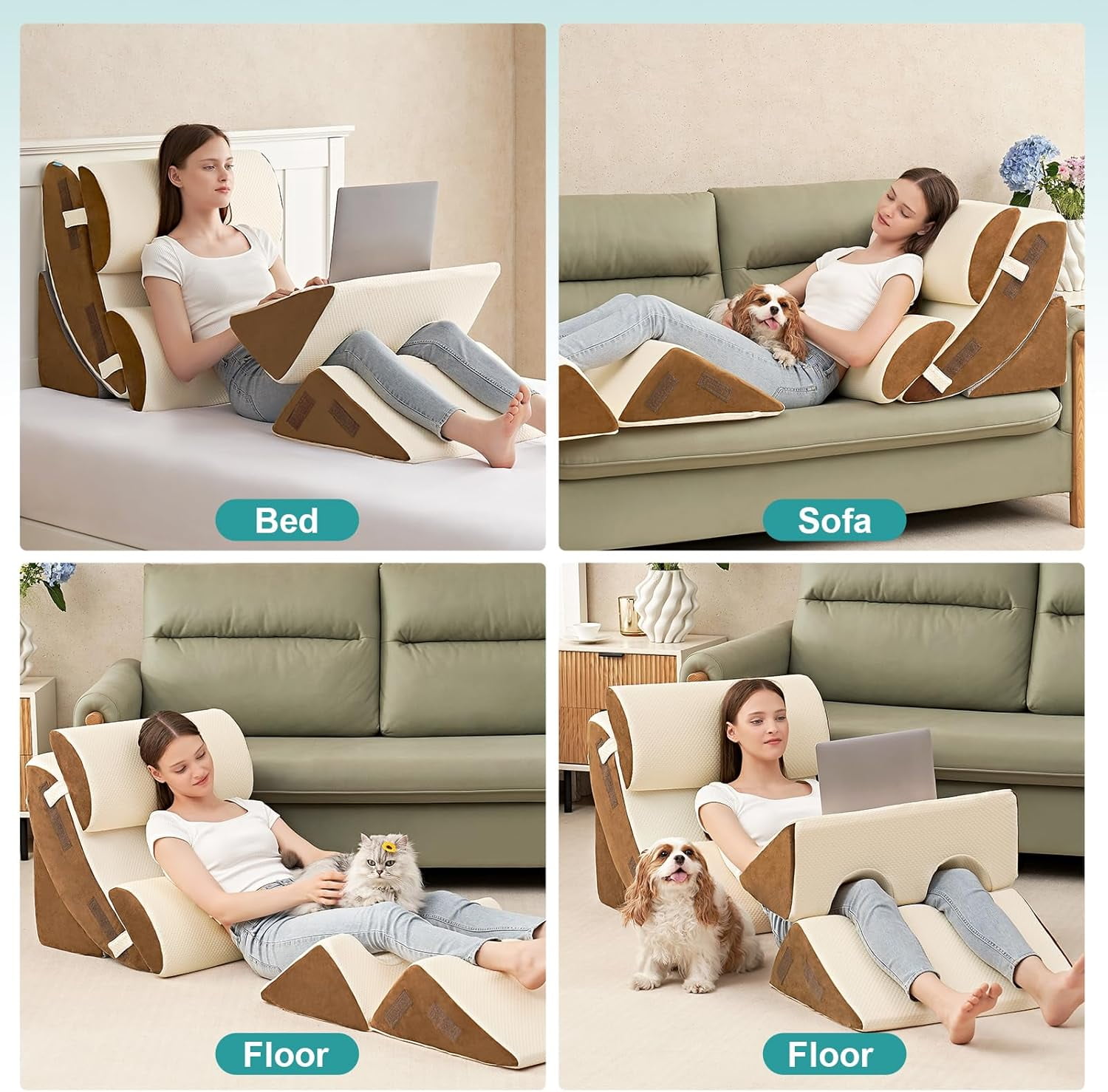 6PCS Orthopedic Bed Wedge Pillow for Sleeping, Adjustable Post Surgery Pillow Set for Body, Back and Leg Pain Relief, Memory Foam Support Pillows for After Surgery, Beige