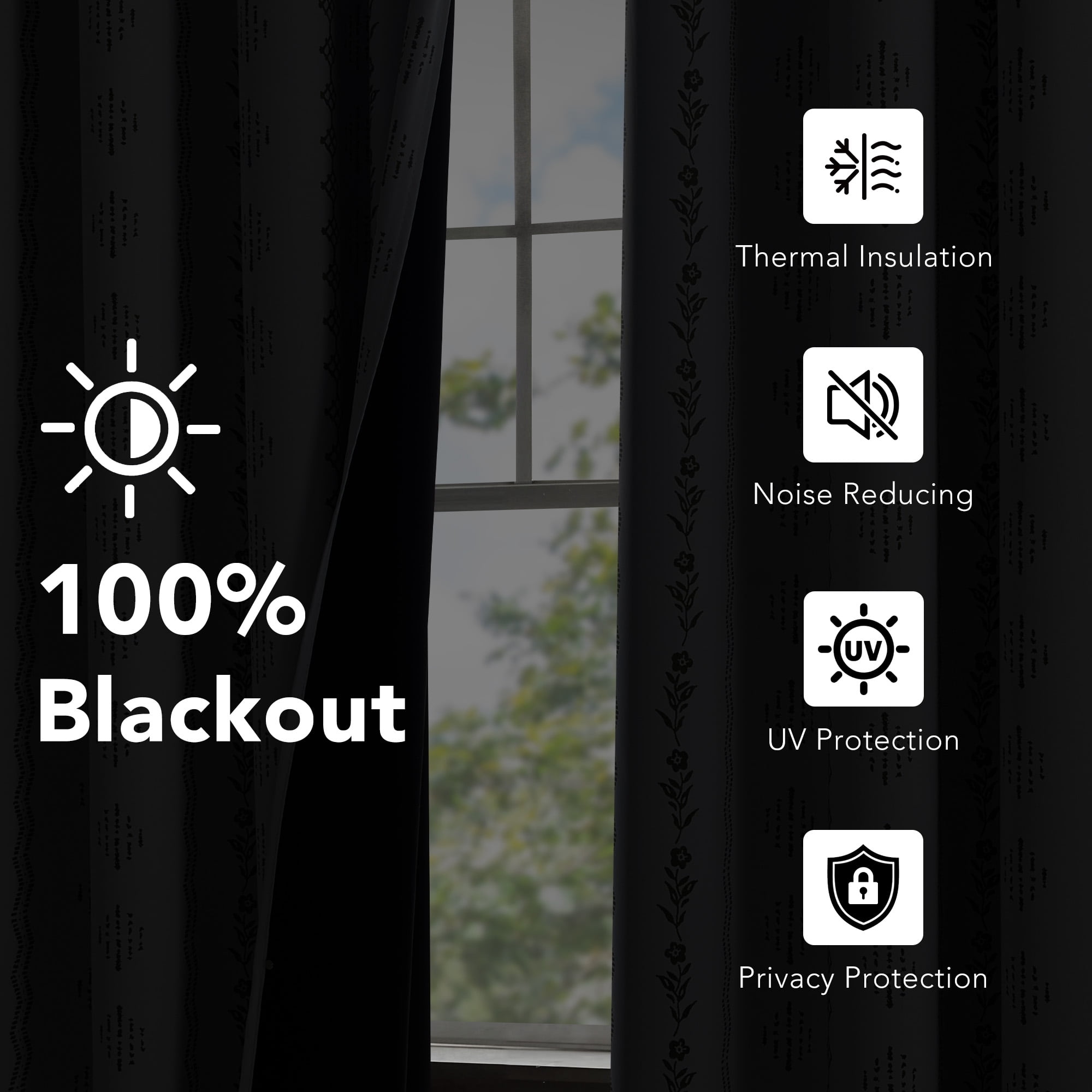 NICETOWN 100% Blackout Boho Curtain for Bedroom Light Blocking Sounds Reducing Printed Floral Drapes, W52 x L84, Sage Green on White, 2 Panels