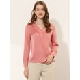 thumbnail image 4 of Blusa de oficina de satén Allegra K elegante cuello en V manga larga top de trabajo Rosa coral L, 4 of 4