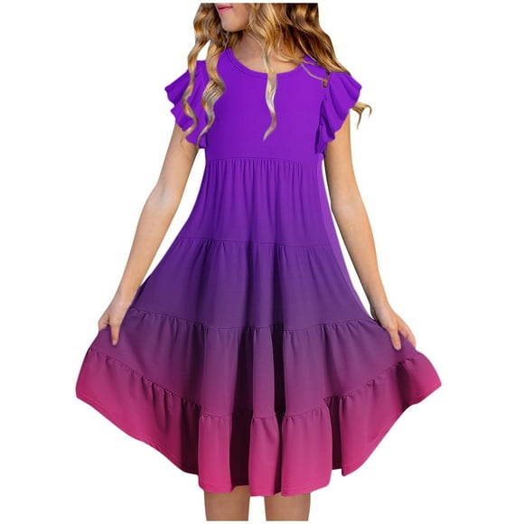 Meichang Girls Summer Dresses Casual Flutter Sleeve Crew Neck Tiered Dress Flowy A-Line Sundress Gradient Midi Dresses