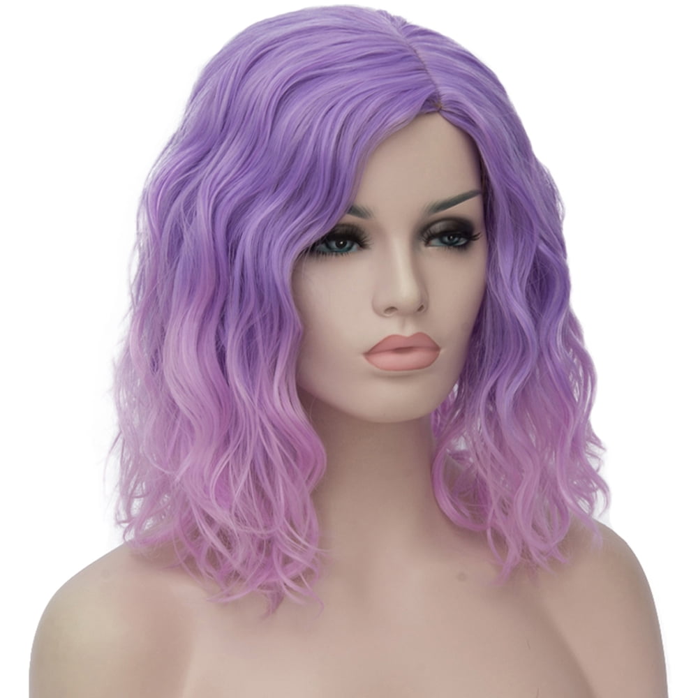 RightOn Purple Pink Wigs for Women 14'' Short Bob Wavy Synthetic Hair Wig Purple Wigs Ombre Pink Wig Body Wave Daily Hair Wigs with Wig Cap