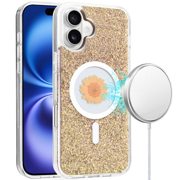 For iPhone 16 Plus 6.7 inch Magnetic Ring Circle Real Flower Epoxy Glitter Hybrid Case Cover - Gold