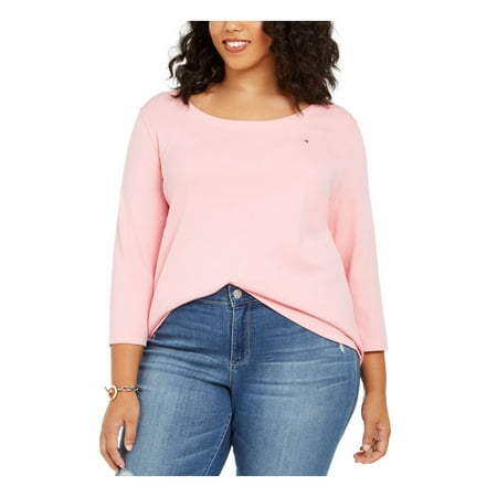 TOMMY HILFIGER Womens Pink 3/4 Sleeve Jewel Neck Plus 2X