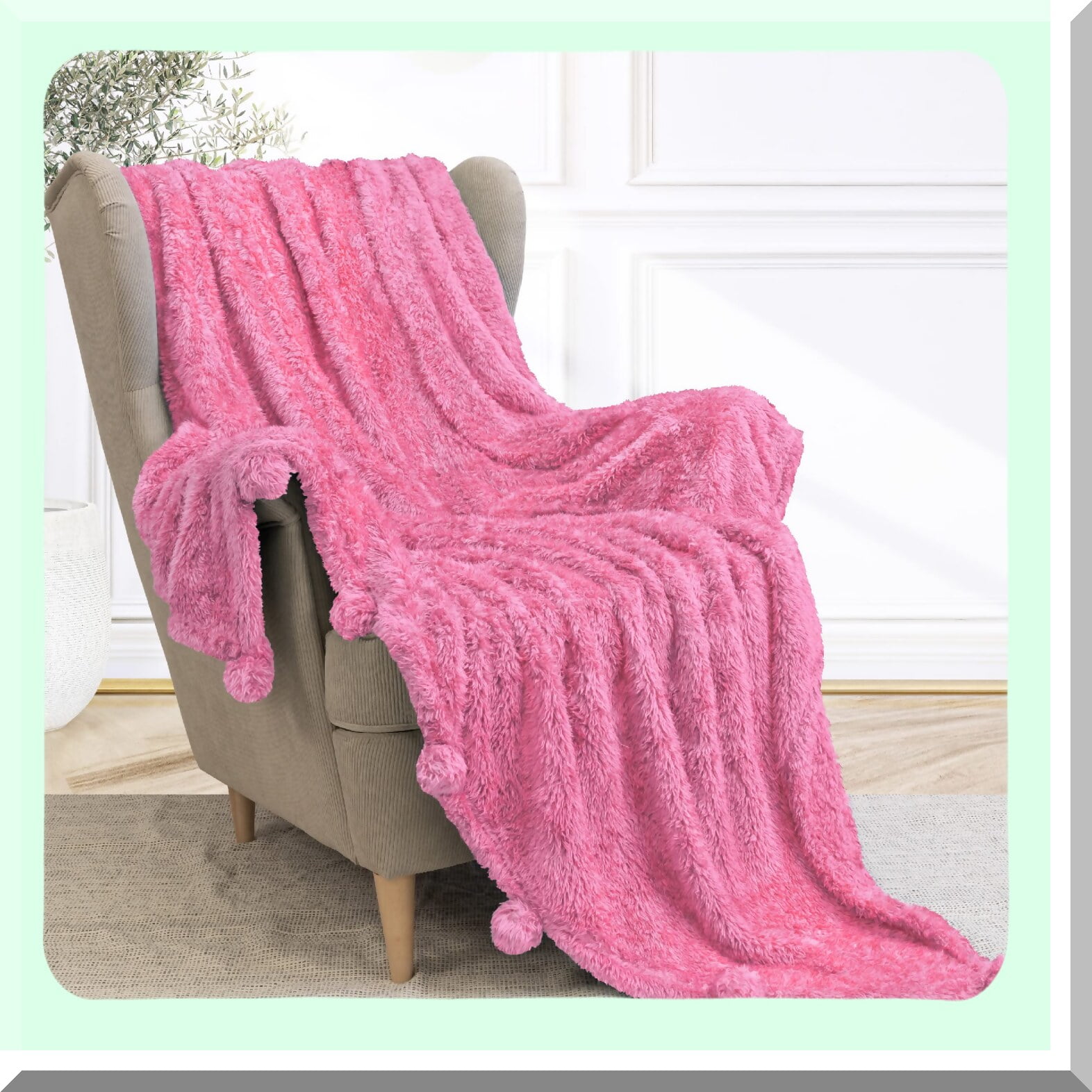 CozyPom Hot Pink Sherpa Throw Plush Fleece Blanket with Soft Pom Pom Fringe Lightweight and Fluffy Perfect for Couch Bed or Sofa 60x80 in