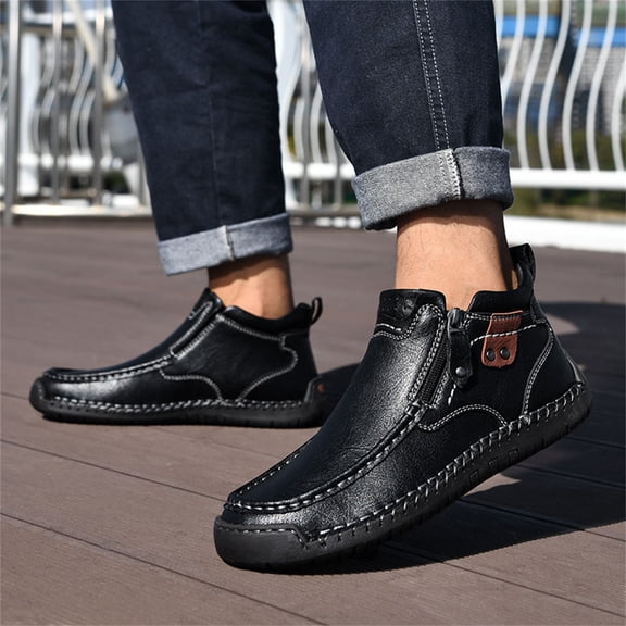 HTHLVMD Men's Genuine Leather High Top Sneakers, Men's Mid-Top Slip On Chukka Boots,Vintage Leather Hand-Stitching Elastic Non-Slip Driving Walking Casual Dress Shoes, Black 7