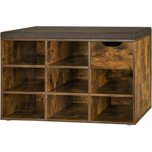 Shoe Bench, Entryway Storage Bench with Drawer and 8 Cubbies, Cubby Shoe Rack with Adjustable Shelves, Shoe Organizer Cabinet for Living Room, Bedroom, Mudroom and Garage, Rustic Brown