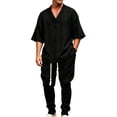 thumbnail image 2 of LEKWK Men Lounge Set Textured 2 Piece Matching Outfits V Neck Short Sleeve Top and Drawstring Jogger Pants with Pockets Fall Vacation Outfits, 2 of 5