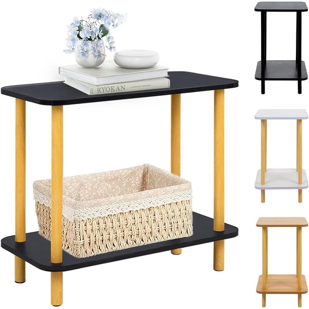 Mesa Centro Lateral Minimalista Madera Doble Repisa 60cm Color Negro