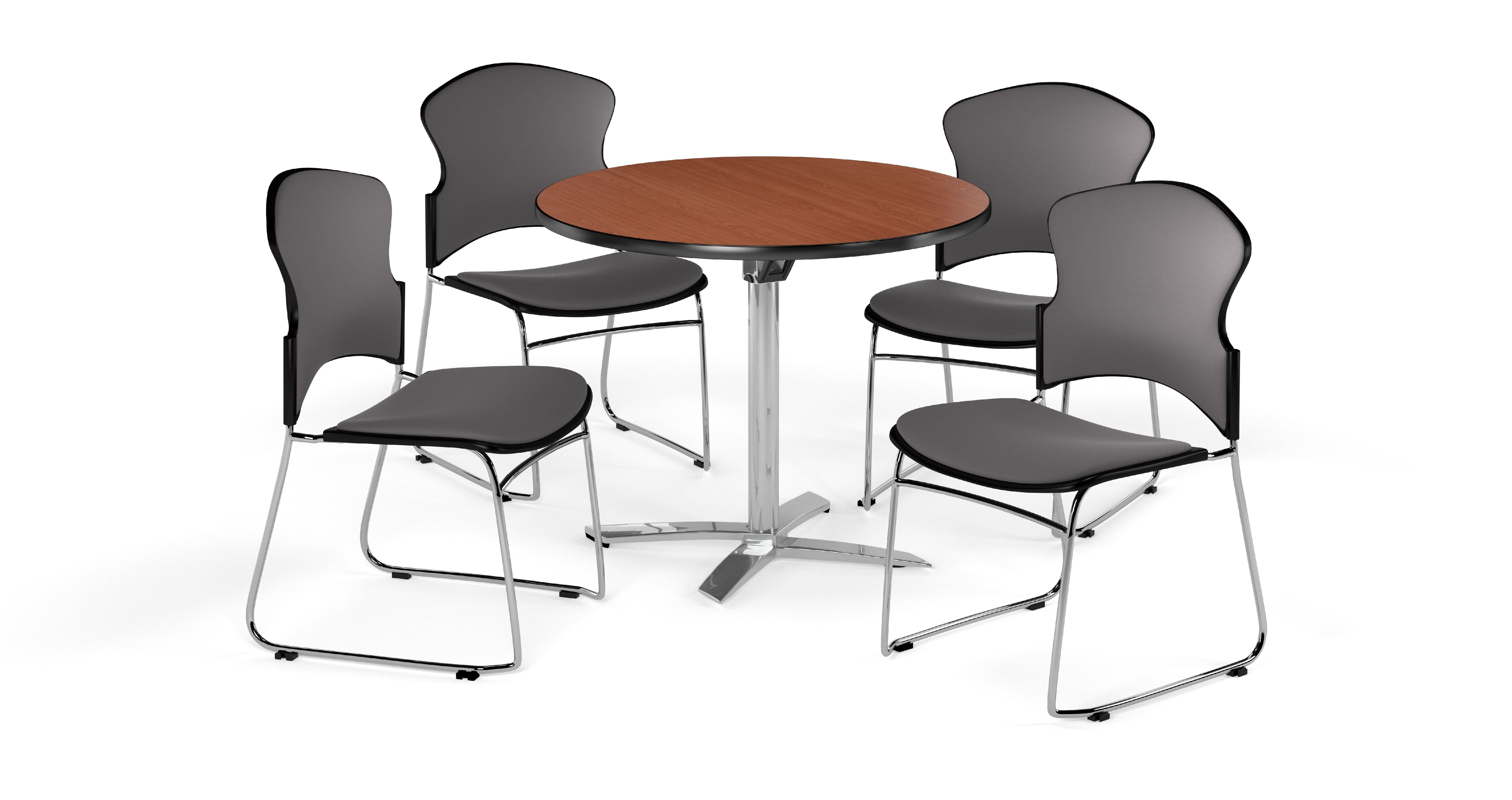 Ofm Multi Use Break Room Package 42 Round Flip Top Table With Fabric Stack Chairs Cherry Finish With Gray Seats Pkg Brk 039