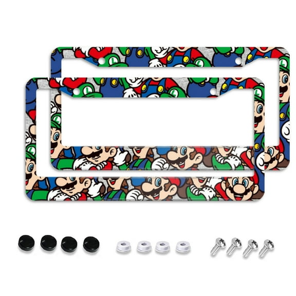 Mario Cartoon Car License Plate Frame 2 Pack, License Plate Cover Bracket Decorative Aluminum License Plate Frame Auto Accessories Unisex 11.8 X 5.9 Inch 2 Holes with Screws