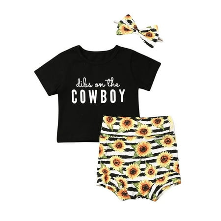 

Loalirando Baby Girls Summer Outfit Cow Letter Tops Sunflower Shorts Cotton