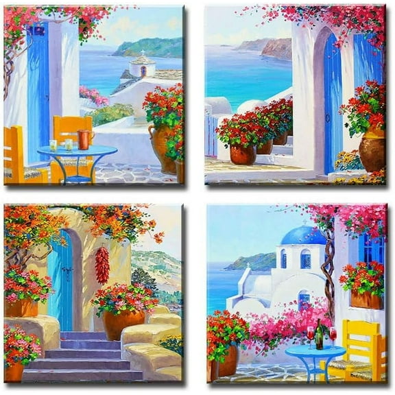 - Greece Santorini Landscape Painting Blue Prints Canvas Art Wall Decoration Set of 4, Ready to Hang