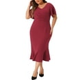 thumbnail image 2 of Agnes Orinda Plus Size Dress for Women Wrap V Neck Ruffled Short Sleeve Cocktail Dresses Party Wrap Dress 1X Burgundy, 2 of 5