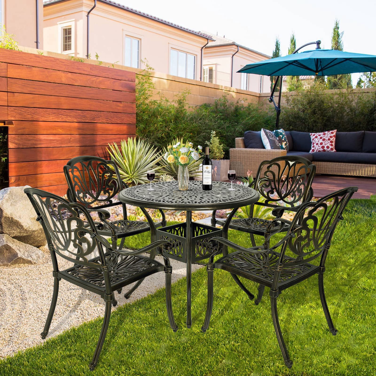 W WARMHOL 5-Piece Outdoor Patio Dining Set, All-Weather Cast Aluminum Patio Furniture Set for Backyard Garden Deck with 4 Chairs and 35.4” Round Table, 2.2" Umbrella Hole