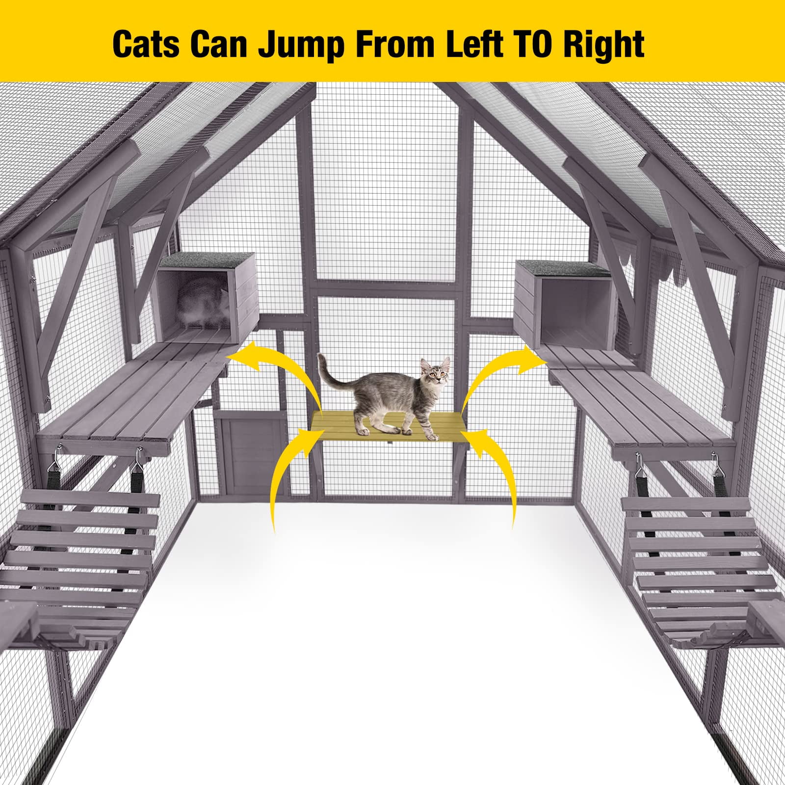 Aivituvin 110'' Extra Large Catio Outdoor Cat Enclosure, Walk-in Wooden Cat Cage with Bridges, Platforms, Rest Rooms, Roof Cover