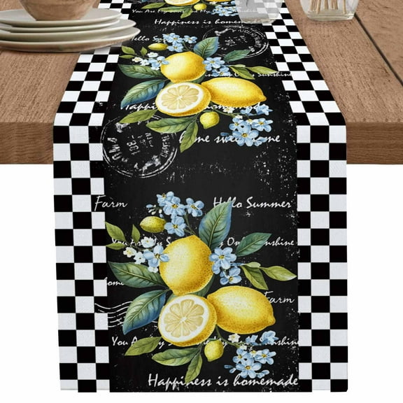 nqOlkjepod Summer Lemon Table Runner 120 Inches Long Farmhouse Dress Scarves, Vintage Black Plaid Blue Spring Floral Dining Tablerunner for Coffee Table/Kitchen Island/Party Décor, 13" x 120"