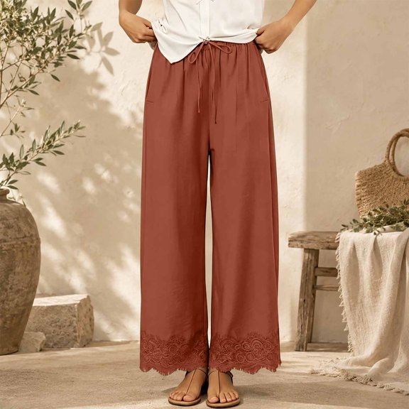 Endives Wide Leg Pants for Women Lace Trim Summer Casual Cropped Elastic Waist Lightweight Palazzo Pants With Pockets Boho Style Flowy Pants for Women