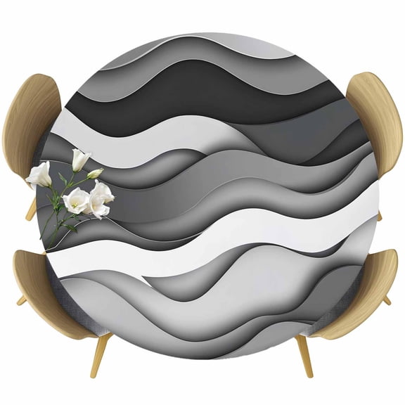 Black Grey Waves Round Fitted Table Cover Abstract Water Ripple Modern Gradient Waterproof Table Cloth with Elastic Edge Wipeable Tablecloth for Picnic Camping Party Fits 36"-44" Diameter