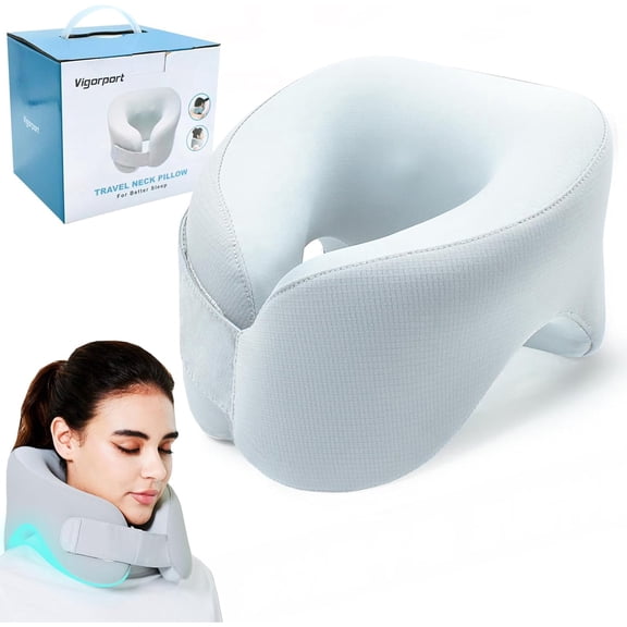 Vigorport Neck Pillow for Traveling, 360° Head Support 2 in 1 Upgraded Travel Pillows for Airplane, 100% Pure Memory Foam Pillow for Flight Headrest Sleep, Portable Plane Accessories (1, Gray)
