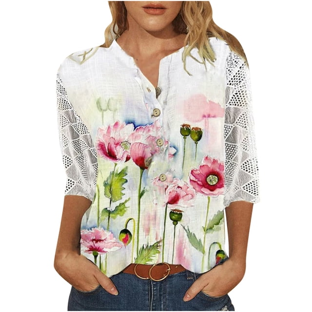 Mujeres Casual Cuello en V Botón Hallow Out 3/4 Manga Camisas Túnica Floral Impreso Pullover Tops Fridja fjkfkj3965