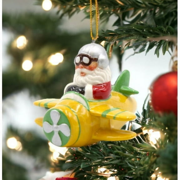 Ceramic Santa Ornament Yellow Airplane 3.375" Christmas