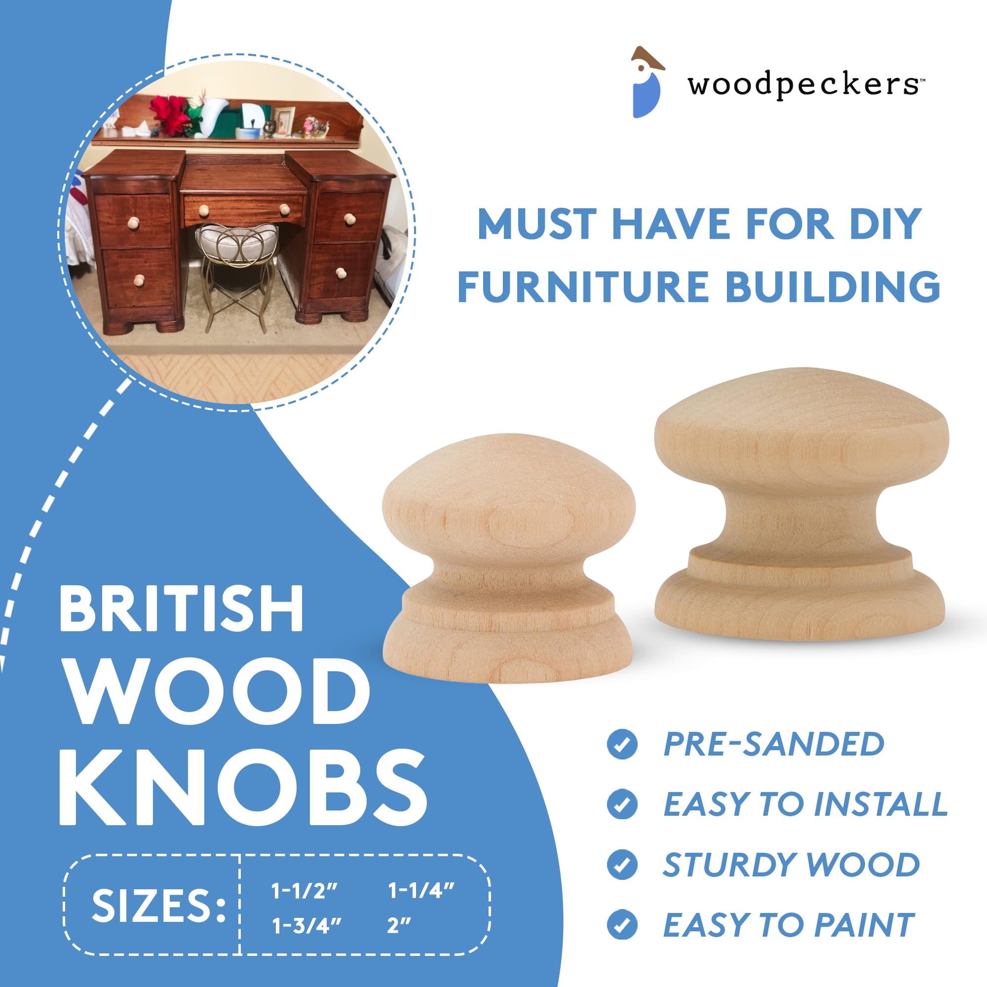 British Wood Knobs 2 inch, Pack of 25 Unfinished Round Wooden Knobs for  Crafts, Dresser Drawers, Cabinets, and Furniture, by Woodpeckers 