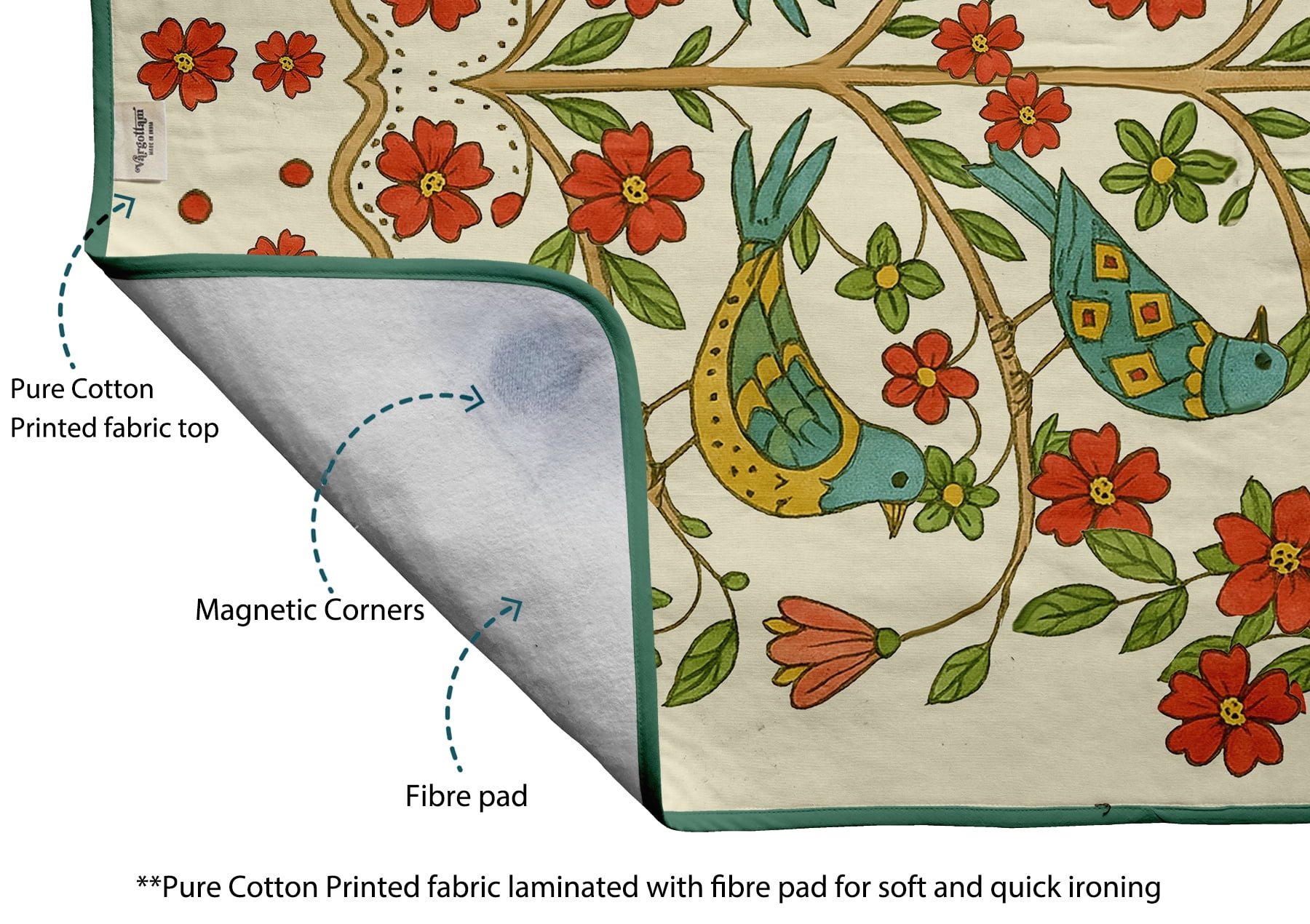 Vargottam Magnetic Ironing Mat - Foldable Cotton Iron Mat with Fiber Pad & Silicone Iron Rest - Portable, Washable, Travel-Friendly Ironing Board Alternative for Tabletop, Washer, Dryer - Bird