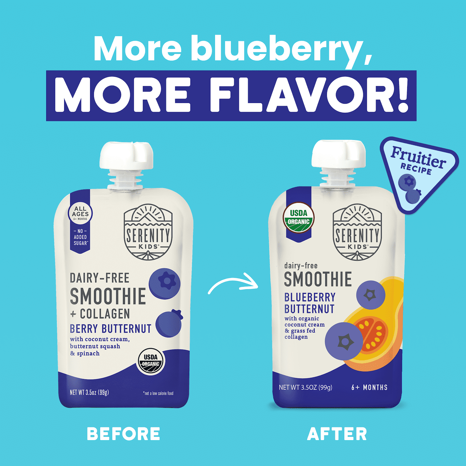 Serenity Kids Dairy Free Blueberry Butternut Smoothie with Organic Coconut Cream and Grass Fed Collagen, 3.5oz Pouch