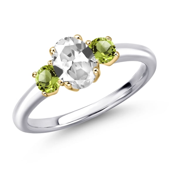 Gem Stone King 925 Silver and 10K Yellow Gold White Created Sapphire and Green Peridot Engagement Ring for Women | 1.41 Cttw | Oval 7X5MM | Gemstone September Birthstone | Size 9