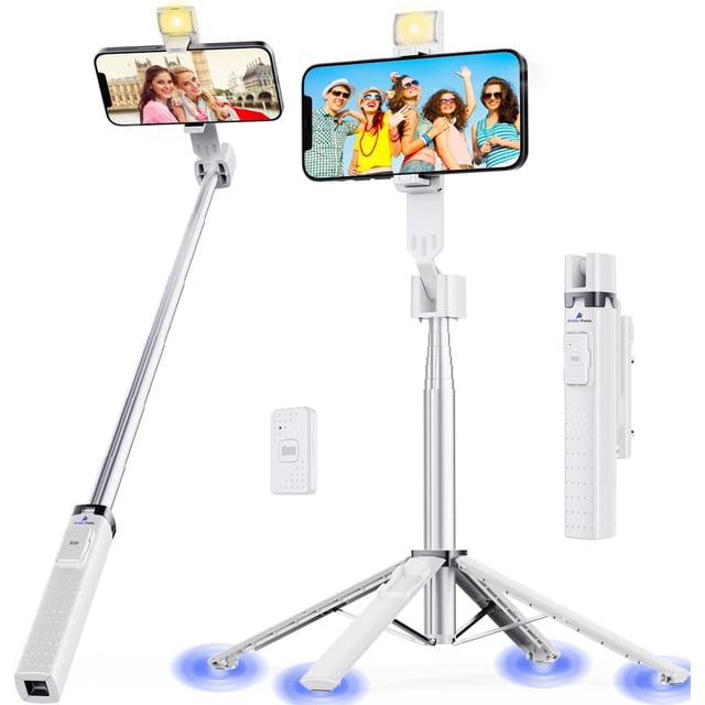 Ambertronix Trípode selfie Stick Quadrapod de 40", luz integrada, control remoto inalámbrico Bluetooth, extensible, acero inoxidable, 3 modos de luz, 9 niveles de brillo, compatible con todos los disp