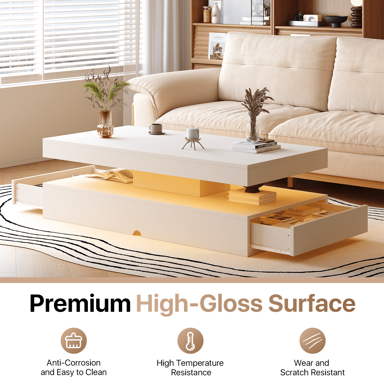 Sonegra 47" High-Glossy LED Coffee Table, Storage Coffee Table with 2 Sliding Drawers for Living Room, Modern Stylish Double-Layer Center Tables with LED Lights, White