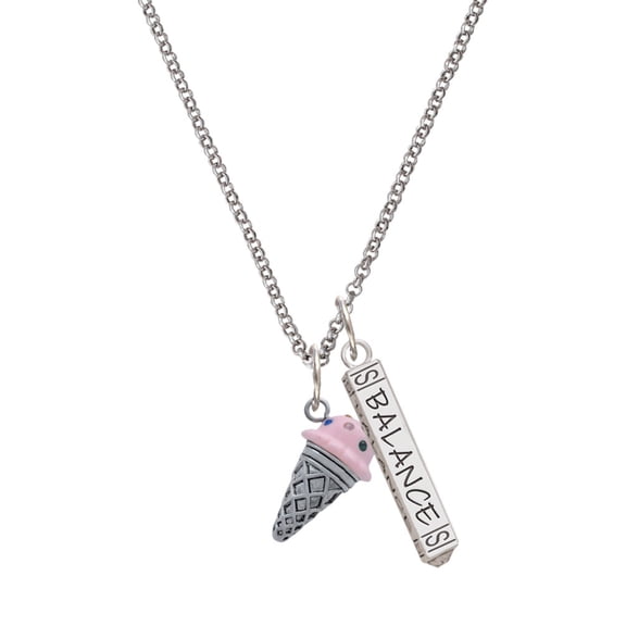 Delight Jewelry Silvertone 3-D Resin Strawberry Ice Cream Cone with Crystals Silvertone Balance Bar Charm Necklace, 23"