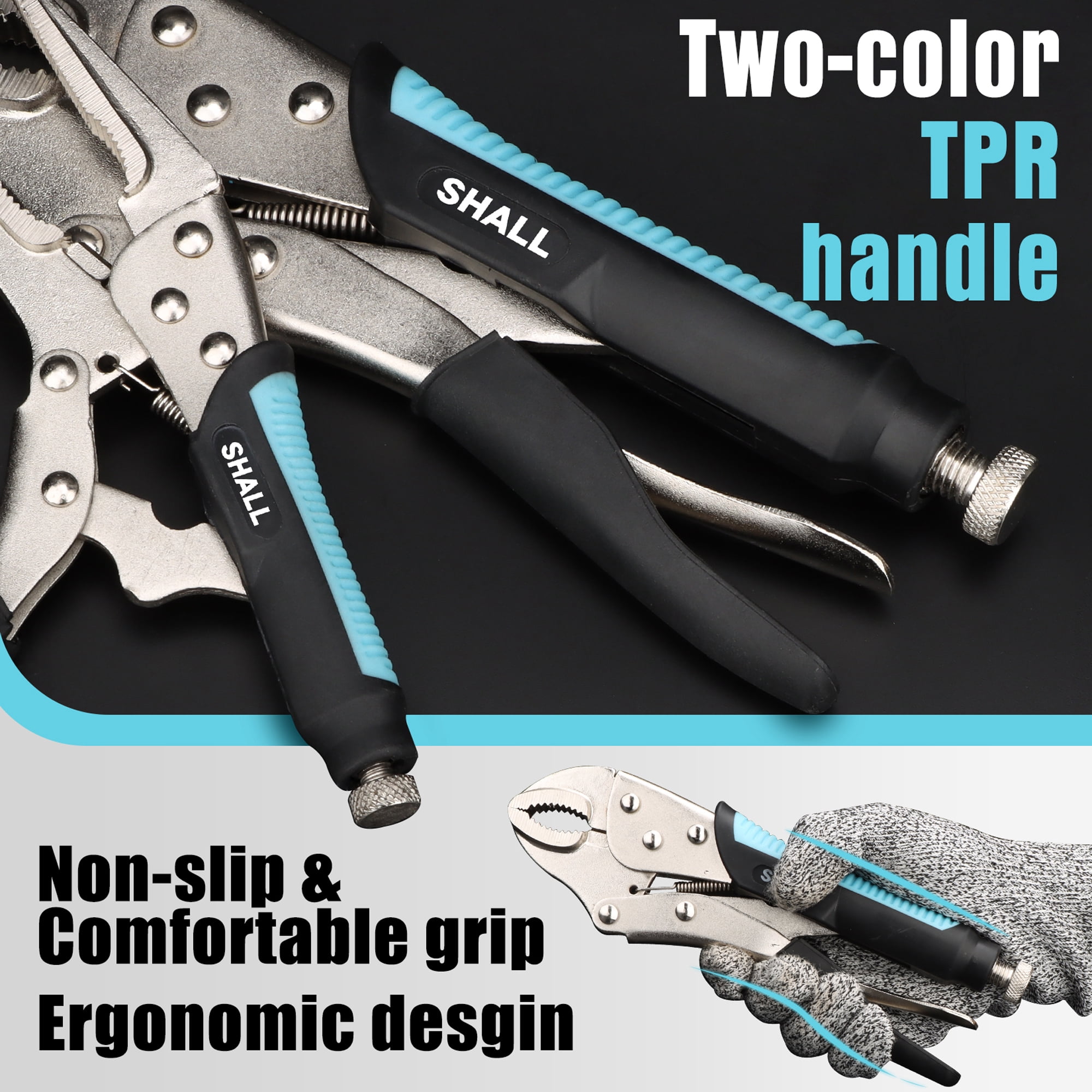 SHALL 6-Piece Locking Pliers Tool Set, Vice Grips Pliers Set, 5",7" & 10" Curved Jaw Vise Grip Pliers, 6-1/2" & 9-1/2 Needle Nose Locking Pliers, 6" Locking C-Clamp