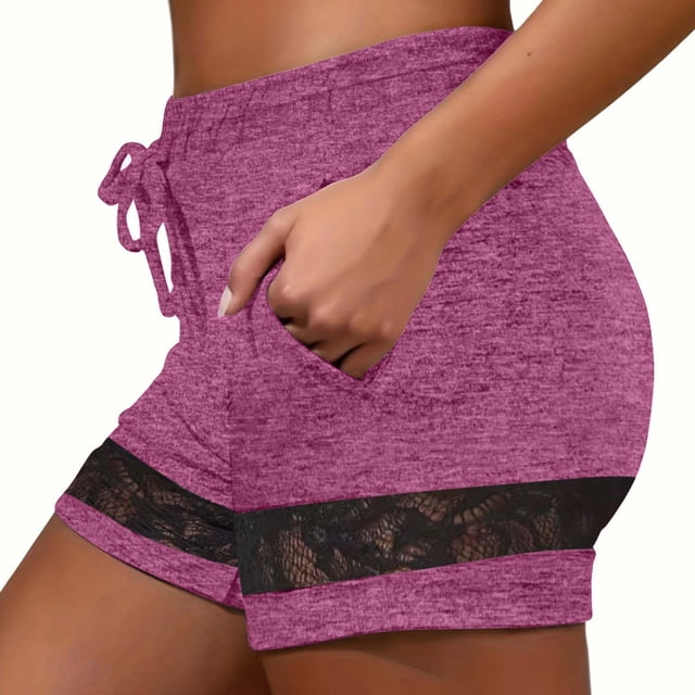 Timegard Yoga Shorts Womens Lace Elastic High Waisted Drawstring Summer Comfy Gym Shorts with Pockets