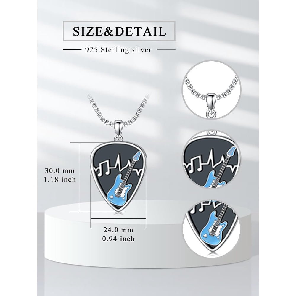 CACA LADY Black Guitar Pick Holder Necklace Sterling Silver Soundwave Pendant Holder with Music Note Pendant Jewelry for Musicians and Music Lovers, Blue